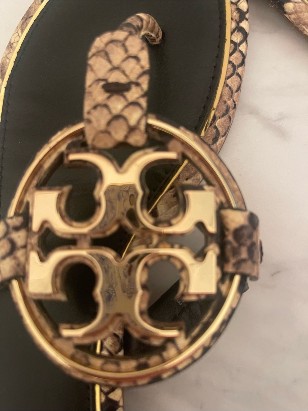 Tory Burch Black & Gold Snake-Print Logo Thong Sandals - Picture 7 of 16
